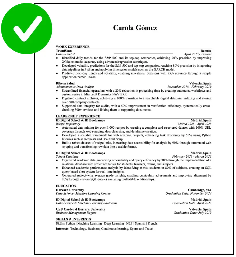 Ejemplo real de la plantilla de CV de Talma Academy